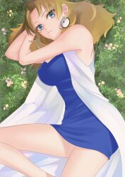 Rule 34 | 1girl, absurdres, aged up, blue dress, blue eyes, breasts, brown hair, coat, commission, creatures (company), dress, earrings, game freak, highres, jewelry, large breasts, looking at viewer, lying, molly hale, nintendo, on ground, pixiv commission, pokemon, pokemon (anime), pokemon (classic anime), pokemon 3: the movie - spell of the unown: entei, short dress, sleeveless, sleeveless coat, sleeveless dress, solo, vuipui, white coat