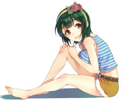 Rule 34 | 1girl, :d, alternate costume, barefoot, belt, breast press, breasts, feet, flower, green hair, hair flower, hair ornament, hairband, hand on own knee, idolmaster, idolmaster (classic), large breasts, looking at viewer, midriff, mole, mole under mouth, navel, open mouth, otonashi kotori, pink eyes, short hair, sitting, smile, solo, striped, t-okada, tank top