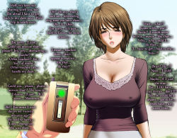 Rule 34 | blush, breasts, brown eyes, brown hair, cellphone, earrings, empty eyes, english text, covered erect nipples, hypnosis, jewelry, large breasts, lips, mature female, mind control, phone, tatsunami youtoku