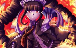 Rule 34 | 1girl, animal print, black hair, black jacket, black nails, black skirt, bonnet, burning, butterfly print, card, celestia ludenberg, danganronpa: trigger happy havoc, danganronpa (series), drill hair, earrings, frilled skirt, frills, gothic lolita, grin, highres, holding, holding card, inglebard, jacket, jewelry, layered skirt, lolita fashion, long hair, nail polish, necktie, open clothes, open jacket, parted lips, playing card, red background, red eyes, red necktie, skirt, smile, solo, teeth, twin drills, twintails