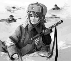 Rule 34 | 1girl, 2others, collar tabs, depressed, emblem, frown, fur hat, greatcoat, gun, gun sling, hair between eyes, hat, highres, holding, holding gun, holding weapon, long hair, military, military hat, military uniform, multiple others, original, persifalli, ppd-40, sad, snow, snow on body, soldier, solo focus, soviet, soviet army, submachine gun, uniform, ushanka, war, weapon, wince, world war ii