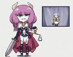 Rule 34 | 2girls, animated, artist request, aura (sousou no frieren), aura bullying (meme), bare shoulders, braid, bridal gauntlets, clothing cutout, demon girl, elf, female focus, frieren, lowres, multiple girls, navel cutout, pointy ears, purple hair, smug, sousou no frieren, tagme, tearing up, twintails, video, weighing scale, white hair