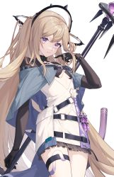 Rule 34 | 1girl, arknights, black gloves, blonde hair, blue cape, breasts, cape, closed mouth, collar, cowboy shot, dress, elbow gloves, frilled dress, frills, gloves, hair ornament, hand in own hair, hand up, highres, holding, holding own hair, holding staff, idass (idass16), indigo (arknights), infection monitor (arknights), long hair, looking at viewer, purple eyes, short dress, simple background, small breasts, solo, staff, test tube, underboob, very long hair, white background, white dress
