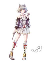Rule 34 | 1girl, absurdres, animal ear fluff, animal ears, bare shoulders, blush, boots, braid, breasts, camisole, cleavage, closed mouth, collarbone, commentary request, dated, fingerless gloves, full body, gloves, grey gloves, grey hair, grey jacket, highres, holding, jacket, knee boots, long sleeves, looking at viewer, mio (xenoblade), off shoulder, open clothes, open jacket, orange eyes, pleated skirt, puffy long sleeves, puffy sleeves, short hair, signature, simple background, skirt, small breasts, smile, sofusan1526, solo, standing, white background, white camisole, white footwear, white skirt, xenoblade chronicles (series), xenoblade chronicles 3