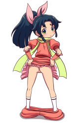 Rule 34 | 1girl, ahoge, anus, arm guards, ass, battle spirits, battle spirits: sword eyes, black hair, blush, cleft of venus, clothes lift, clothes pull, dress, dress lift, female focus, frilled dress, frills, from behind, full body, green eyes, hair ornament, hair ribbon, kneepits, konoha (battle spirits), long hair, looking back, no panties, nollety, pants, pants pull, ponytail, puffy short sleeves, puffy sleeves, pussy, ribbon, scarf, short sleeves, simple background, socks, solo, uncensored, white background