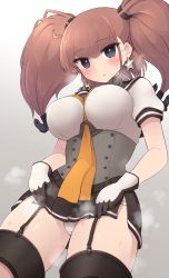 Rule 34 | 1girl, alternate costume, anchor hair ornament, atlanta (kancolle), black gloves, black skirt, breasts, brown hair, corset, cosplay, earrings, garter straps, gloves, grey eyes, hair ornament, highres, jewelry, kantai collection, large breasts, long hair, miniskirt, multicolored clothes, multicolored gloves, neckerchief, panties, pleated skirt, school uniform, serafuku, simoyuki, skirt, solo, star (symbol), star earrings, teruzuki (kancolle), teruzuki (kancolle) (cosplay), thighhighs, two side up, underwear, white gloves, white panties, yellow neckerchief