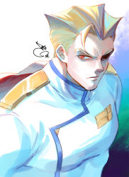 Rule 34 | 1boy, bae (baebae), blonde hair, cape, frown, hair strand, highres, kray foresight, male focus, military, military uniform, pectorals, promare, red eyes, solo, tight clothes, uniform, upper body
