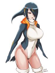 Rule 34 | 10s, 1girl, arms at sides, black hair, breasts, brown eyes, covered erect nipples, covered navel, cowboy shot, emperor penguin (kemono friends), hair over one eye, highleg, highleg leotard, hood, hoodie, impossible clothes, kemono friends, large breasts, leotard, multicolored hair, open clothes, open hoodie, open mouth, orange hair, shibusun, signature, skin tight, solo, thighhighs, turtleneck, twitter username, two-tone hair, white leotard, white thighhighs