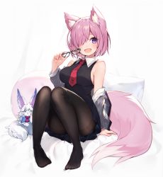 Rule 34 | 1girl, animal ear fluff, animal ears, bare shoulders, black dress, black pantyhose, blush, bob cut, breasts, collared dress, commentary request, dress, unworn eyewear, fang, fate/grand order, fate (series), fluffy, fou (fate), fox ears, fox tail, grey sweater, hair over one eye, highres, holding, holding removed eyewear, kemonomimi mode, looking at viewer, mash kyrielight, medium breasts, muryotaro, necktie, no shoes, off-shoulder sweater, off shoulder, on bed, open mouth, pantyhose, pillow, pink hair, purple eyes, red necktie, short hair, sideboob, smile, solo, sweater, tail, thighband pantyhose, thighs