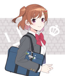 Rule 34 | 1girl, aijou karen, bag, blue bag, bow, bowtie, breasts, brown hair, closed mouth, collared shirt, commentary request, cropped torso, crown hair ornament, from side, grey background, grey jacket, hair ornament, hairclip, hand up, ito fumi, jacket, light blush, long sleeves, looking at viewer, looking to the side, medium breasts, open clothes, open jacket, pink eyes, red bow, red bowtie, school bag, school uniform, seishou music academy uniform, shirt, short hair, shoujo kageki revue starlight, shoulder bag, smile, solo, sparkle, swept bangs, two-tone background, two side up, upper body, white background, white shirt