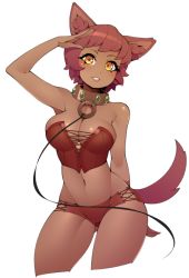Rule 34 | 1girl, animal collar, animal ear fluff, animal ears, arm behind back, bare shoulders, blush, breasts, brown hair, cleavage, collar, commentary, commission, contrapposto, corset, cowboy shot, cropped legs, dark skin, dark-skinned female, dot nose, english commentary, gluteal fold, halphelt, hand up, head tilt, large breasts, leash, looking at viewer, navel, original, salute, short hair, simple background, smile, solo, standing, tail, white background
