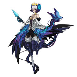 Rule 34 | 1girl, armor, armored dress, bare shoulders, bataunco, bird, detached sleeves, dress, feathers, full body, gwendolyn (odin sphere), hair ornament, hand on own chest, leg wings, low wings, multicolored wings, odin sphere, polearm, pteruges, solo, standing, standing on one leg, strapless, strapless dress, tiara, valkyrie, weapon, white background, white hair, wings