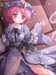 Rule 34 | 1girl, blue dress, blush, cherry blossoms, door, dress, female focus, ghost, hat, highres, hitodama, japanese clothes, lying, lzh, obi, on back, open clothes, open dress, open mouth, panties, petals, pink eyes, pink hair, saigyouji yuyuko, sash, short hair, solo, spread legs, tatami, touhou, underwear, white panties