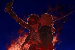Rule 34 | 2boys, alcohol, beer, black jacket, blonde hair, blue background, blue eyes, brown hair, cigarette, closed eyes, death note, drink, explosion, fire, gloves, goggles, goggles on head, happy, highres, jacket, long sleeves, male focus, matt (death note), medium hair, mello (death note), multiple boys, mvrl, shirt, short hair, smile, smoke, smoking, striped clothes, striped shirt, vest