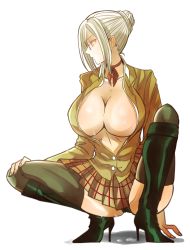 Rule 34 | 10s, 1girl, bad id, bad pixiv id, black thighhighs, boots, breasts, choker, cleavage, female focus, full body, glasses, high heels, highres, large breasts, plaid, plaid skirt, prison school, reki (2560736), shiraki meiko, short hair, silver hair, simple background, skirt, solo, squatting, sweat, thighhighs, white background