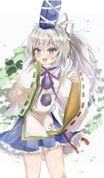 Rule 34 | 1girl, blue eyes, blue hat, blue skirt, blush, feet out of frame, flat chest, floral background, green ribbon, hair between eyes, hat, highres, japanese clothes, kariginu, long hair, looking at viewer, maruro, mononobe no futo, open mouth, petals, pom pom (clothes), ponytail, purple neckwear, purple ribbon, red ribbon, ribbon, ribbon-trimmed sleeves, ribbon trim, shirt, silver hair, simple background, skirt, solo, standing, tate eboshi, touhou, white background, white ribbon, white shirt, wide sleeves