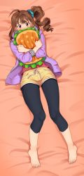 Rule 34 | 1girl, ahoge, barefoot, bed sheet, black leggings, blush, burger, commentary, covering own mouth, dolphin shorts, drill hair, food, from above, green scrunchie, hair ornament, hair scrunchie, highres, hugging object, idolmaster, idolmaster million live!, jacket, kamille (vcx68), leggings, leggings under shorts, long sleeves, looking at viewer, loungewear, lying, medium hair, on back, on bed, open clothes, open jacket, pantyhose, pillow, pillow hug, purple eyes, purple jacket, red shirt, scrunchie, shirt, shorts, side drill, side ponytail, solo, yellow shirt, yokoyama nao
