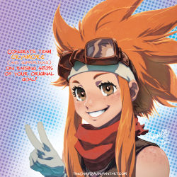 Rule 34 | 1girl, brown eyes, chamba, cryamore, dated, esmyrelda maximus, freckles, gloves, goggles, goggles on head, grin, headband, long hair, orange hair, polka dot, polka dot background, scarf, sidelocks, signature, smile, solo, spiked hair, text focus, upper body, v, white gloves
