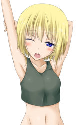 Rule 34 | 1girl, armpits, arms up, blonde hair, blue eyes, blush, erica hartmann, navel, open mouth, p-tana, short hair, sleepy, solo, stretching, strike witches, tank top, world witches series, yawning