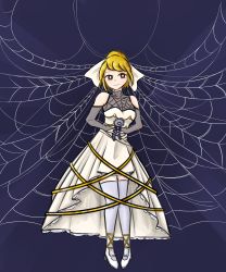 Rule 34 | 1girl, absurdres, alternate costume, blonde hair, bow, brown eyes, buttons, commission, commissioner upload, doll, dress, gloves, happy, highres, holding, jewelry, kurodani yamame, original, ornate ring, ribbon, ring, silk, smile, solo, spider web, subterranean animism, tears, tem (insomnia tem), thighhighs, touhou, wedding dress, wedding ring, white dress, white thighhighs
