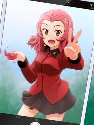 Rule 34 | 10s, 1girl, brown eyes, camera phone, cellphone, drink, girls und panzer, highres, miniskirt, open mouth, phone, fake phone screenshot, red hair, rosehip (girls und panzer), school uniform, skirt, smartphone, solo, taking picture, tea, unyon, v