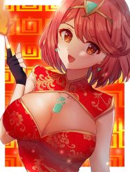 Rule 34 | 1girl, alternate costume, black gloves, breasts, chest jewel, chinese clothes, cleavage, cleavage cutout, clothing cutout, edamameoka, fingerless gloves, gloves, highres, large breasts, pyra (xenoblade), red eyes, red hair, short hair, solo, swept bangs, xenoblade chronicles (series), xenoblade chronicles 2