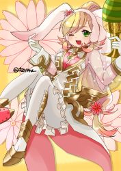 Rule 34 | 1girl, animal ears, blonde hair, cup, easter egg, egg, fake animal ears, fire emblem, fire emblem heroes, gloves, green eyes, long hair, multicolored hair, nintendo, official alternate costume, one eye closed, open mouth, pink hair, rabbit ears, see-through, sharena (fire emblem), solo, teruna (artist), twitter username, white gloves