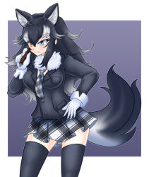 Rule 34 | 1girl, absurdres, animal ear fluff, animal ears, artist request, between breasts, black hair, black thighhighs, blue eyes, blush, breast pocket, breasts, extra ears, fur collar, gloves, grey wolf (kemono friends), heterochromia, highres, kemono friends, large breasts, long hair, multicolored hair, necktie, necktie between breasts, pencil, plaid necktie, pocket, skirt, solo, tail, thighhighs, two-tone hair, white gloves, white hair, wolf ears, wolf girl, wolf tail, yellow eyes, zettai ryouiki