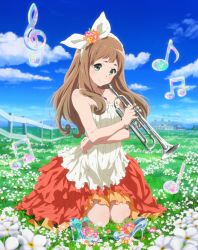 Rule 34 | 10s, 1girl, bare shoulders, beamed quavers, blurry, blush, bow, breasts, brown hair, building, cleavage, cloud, cloudy sky, crotchet, day, depth of field, dress, eyebrows, fence, field, flower, flower field, glass slipper, grass, green eyes, hair bow, hair flower, hair ornament, hair ribbon, hibike! euphonium, highres, instrument, jewelry, kneeling, long hair, musical note, necklace, official art, outdoors, quaver, ribbon, sky, small breasts, smile, solo, treble clef, trumpet, yoshikawa yuuko