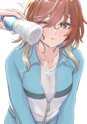 Rule 34 | 1girl, aketa mikoto, blue jacket, bottle, bottle to cheek, brown eyes, brown hair, collarbone, gradient hair, hair between eyes, holding, holding bottle, idolmaster, idolmaster shiny colors, jacket, long hair, long sleeves, multicolored hair, one eye closed, open mouth, partially unzipped, shirt, silver hair, simple background, solo focus, sweatdrop, umirororo, white background, white shirt