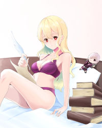 Rule 34 | 1girl, arm support, bare arms, bare legs, bare shoulders, bed, blonde hair, blush, book, book stack, bra, breasts, character doll, character request, cleavage, closed mouth, collarbone, commentary request, dorothy (shingeki no bahamut), feathers, hand up, highres, holding, holding feather, indoors, knee up, long hair, looking at viewer, medium breasts, navel, on bed, panties, paper, pillow, pink bra, pink panties, red eyes, shingeki no bahamut, sitting, solo, stomach, underwear, underwear only, yuuge ningen