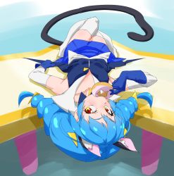 Rule 34 | 1girl, animal ears, bare shoulders, blue background, blue choker, blue gloves, blue hair, blue skirt, blue vest, braid, cat ears, cat girl, cat tail, choker, collarbone, commentary, cure cosmo, detached sleeves, doughnut, food, food in mouth, foreshortening, gloves, highres, knees together feet apart, long hair, looking at viewer, lying, magical girl, multicolored background, old-fashioned doughnut, on back, orange eyes, pleated skirt, precure, simple background, skirt, solo, star (symbol), star twinkle precure, tail, tanabe (fueisei), thighhighs, triangle hair ornament, twin braids, vest, white background, white sleeves, white thighhighs, yuni (precure), zipper