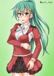 Rule 34 | 1girl, alternate hairstyle, anti (untea9), aqua hair, aquila (kancolle) (cosplay), aquila (kancolle), armpit cutout, black skirt, clothing cutout, collared shirt, commentary request, cosplay, cowboy shot, garter straps, green background, green eyes, green ribbon, hair ornament, hairclip, high ponytail, highres, jacket, kantai collection, long hair, looking at viewer, miniskirt, open mouth, ponytail, red jacket, ribbon, shirt, simple background, skirt, solo, standing, suzuya (kancolle), twitter username, white shirt