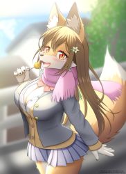 Rule 34 | 1girl, absurdres, animal ear fluff, animal ears, animal nose, artist name, blazer, blonde hair, blouse, breasts, candy, cleavage, colored skin, fang, faroula, flower, flower on head, food, fox ears, fox tail, furry, furry female, hair ornament, hairpin, highres, jacket, large breasts, lollipop, orange fur, orange skin, pleated skirt, scarf, shirt, skirt, snout, tail, twitter username, white fur, white shirt