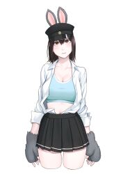 Rule 34 | 1girl, akitsu maru (kancolle), animal ears, animal hands, black eyes, black hair, black skirt, breasts, cleavage, collared shirt, cropped legs, dress shirt, fingerless gloves, gloves, hat, highres, kantai collection, large breasts, open clothes, open shirt, pale skin, paw gloves, peaked cap, pleated skirt, rabbit ears, shirt, short hair, simple background, skirt, solo, sports bra, white background, white shirt, yuuji (and)