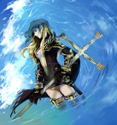 Rule 34 | 1girl, blonde hair, braid, breasts, center opening, cleavage, drag-on dragoon, drag-on dragoon 3, female focus, five (drag-on dragoon), gauntlets, long hair, mole, navel, solo, sword, thighhighs, water, waving, weapon