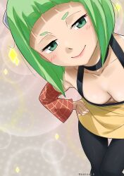 Rule 34 | 1girl, breasts, colorized, downblouse, eden&#039;s zero, gaston18, green eyes, green hair, highres, kleene (eden&#039;s zero), light blush, non-web source, short hair, small breasts, smile, solo