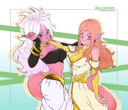 Rule 34 | 2girls, absurdres, android 21, arm warmers, bandeau, blue eyes, bracelet, breasts, chronoa, circlet, cleavage, colored skin, commentary, dragon ball, dragon ball fighterz, dragon ball heroes, dragon ball xenoverse, earrings, english commentary, highres, jewelry, large breasts, long hair, majin android 21, multiple girls, navel, neck ring, pea-bean, pink hair, pink skin, pointy ears, potara earrings, ring, smile, tail, twitter username, white hair, yellow eyes
