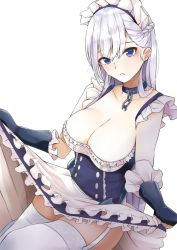 Rule 34 | 1girl, apron, azur lane, bad id, bad twitter id, belfast (azur lane), blue eyes, braid, breasts, chain, cleavage, collar, collarbone, commentary request, corset, french braid, frilled apron, frilled gloves, frills, garter straps, gloves, highres, large breasts, maid, maid apron, maid headdress, silver hair, smile, solo, thighhighs, white apron, white background, white gloves, white thighhighs, youkan (mattya youkan)
