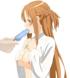 Rule 34 | 1boy, 1girl, asuna (sao), blush, breasts, collared shirt, food, highres, nipples, no bra, open clothes, orange eyes, orange hair, popsicle, sexually suggestive, shirt, sword art online, upper body, white background, white shirt