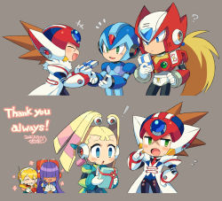 Rule 34 | !, +++, 3boys, 3girls, :d, :o, ?, alia (mega man), android, armor, axl (mega man), blonde hair, blue bodysuit, blue eyes, blunt bangs, blush stickers, bodysuit, box, brown hair, closed eyes, closed mouth, coat, commentary request, dated, english text, facing another, flower, forehead jewel, fur-trimmed coat, fur trim, gift, gift box, giving, green eyes, grey background, hair over eyes, hand up, happy, headgear, headset, helmet, hime cut, holding, holding box, holding gift, iroyopon, layer (mega man), long hair, looking at another, looking away, looking down, mega man (series), mega man x8, x (mega man), mega man x (series), mole, mole under eye, multiple boys, multiple girls, notice lines, official alternate costume, open mouth, own hands clasped, own hands together, pallette (mega man), pink flower, ponytail, purple hair, red headwear, robot ears, signature, smile, spiked hair, sweatdrop, thank you, twintails, white coat, zero (mega man)