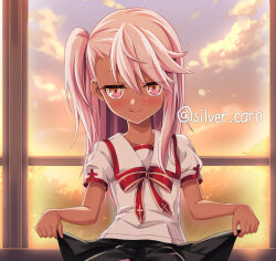 1girl artist_name black_skirt blush chloe_von_einzbern closed_mouth clothes_lift cloud commentary_request dark-skinned_female dark_skin fate/kaleid_liner_prisma_illya fate_(series) flat_chest hair_between_eyes licking_lips long_hair looking_at_viewer morokoshi_(tekku) pink_hair pleated_skirt school_uniform shirt short_sleeves sidelocks skirt skirt_lift sky smile solo tongue tongue_out twitter_username white_shirt yellow_eyes