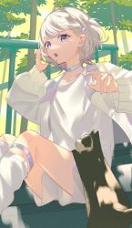 Rule 34 | 1girl, :o, cat, choker, collarbone, dappled sunlight, day, feet out of frame, forest, from side, gradient hair, hair behind ear, hand in own hair, highres, hololive, hololive dev is, jacket, long sleeves, looking at viewer, loose socks, multicolored hair, nature, open clothes, open jacket, open mouth, outdoors, purple eyes, purple hair, railing, shirt, short hair, shorts, sidelocks, sitting, sitting on stairs, socks, solo, stairs, sunlight, todoroki hajime, tree, virtual youtuber, white choker, white hair, white jacket, white shirt, white shorts, white socks, yamagamiamami