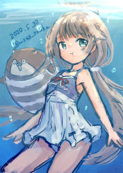 Rule 34 | 1girl, 1other, :t, bokukawauso, casual one-piece swimsuit, commentary request, cowboy shot, dated, freediving, green eyes, grey hair, holding breath, kantai collection, long hair, low twintails, mikura (kancolle), one-hour drawing challenge, one-piece swimsuit, otter, swimsuit, twintails, twitter username, underwater, wss (nicoseiga19993411)