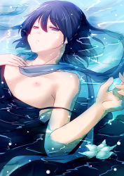 Rule 34 | 1girl, blue eyes, blue hair, breasts, chomu, dutch angle, floating, floating hair, hand on own chest, highres, looking away, looking up, lying, nipples, no bra, on back, partially submerged, pop&#039;n music, scarf, school swimsuit, short hair, small breasts, solo, strap slip, swimsuit, upper body, water