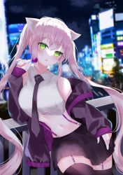 Rule 34 | 1girl, animal ears, bare shoulders, black jacket, black skirt, black thighhighs, blurry, breasts, candy, cat ears, collared shirt, crop top, depth of field, food, garter straps, green eyes, hand up, highres, holding, jacket, leaning to the side, lollipop, long hair, long sleeves, looking at viewer, medium breasts, midriff, miniskirt, navel, necktie, off shoulder, open clothes, open jacket, original, parted lips, pink hair, pleated skirt, shirt, skirt, sleeveless, sleeveless shirt, solo, stomach, suspenders, thighhighs, tsukimiya sara, twintails, very long hair, white shirt, zettai ryouiki