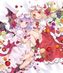 Rule 34 | 2girls, apple, bad id, bad pixiv id, bat wings, bell pepper, blonde hair, bow, collar, crystal, dress, fangs, flandre scarlet, food, food-themed hair ornament, frilled collar, frilled skirt, frilled sleeves, frills, fruit, grape hair ornament, grapes, hair ornament, hat, highres, leaf, light purple hair, looking at viewer, lying, mob cap, multiple girls, nail polish, on side, open mouth, pepper, persimmon, pointy ears, puffy short sleeves, puffy sleeves, red bow, red dress, red eyes, red nails, remilia scarlet, short sleeves, side ponytail, skirt, smile, touhou, toutenkou, white bow, white dress, white hat, wings, wrist cuffs