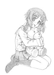 Rule 34 | 1girl, bandages, bbb (friskuser), blouse, boko (girls und panzer), full body, girls und panzer, graphite (medium), greyscale, holding, holding stuffed toy, long hair, long sleeves, looking at viewer, miniskirt, monochrome, neckerchief, nishizumi miho, no shoes, ooarai school uniform, open mouth, pleated skirt, school uniform, serafuku, shirt, short hair, sitting, skirt, smile, socks, stuffed animal, stuffed toy, teddy bear, traditional media, wariza