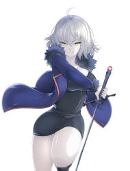 Rule 34 | 1girl, ahoge, black dress, blue coat, breasts, coat, dress, fate/grand order, fate (series), fur trim, grin, hair between eyes, highres, hip focus, jeanne d&#039;arc (fate), jeanne d&#039;arc alter (fate), jeanne d&#039;arc alter (ver. shinjuku 1999) (fate), koro (tyunnkoro0902), large breasts, looking at viewer, official alternate costume, open clothes, open coat, silver hair, simple background, smile, solo, sword, thighs, weapon, white background, wicked dragon witch ver. shinjuku 1999, yellow eyes