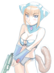 Rule 34 | 1girl, animal ears, animal hood, blue eyes, blush, breasts, breath of fire, breath of fire v, cat hood, cleavage, closed mouth, commentary request, gun, hood, large breasts, lin (breath of fire), looking at viewer, orange hair, short hair, simple background, solo, swimsuit, tail, turtleneck, ueyama michirou, weapon, white background